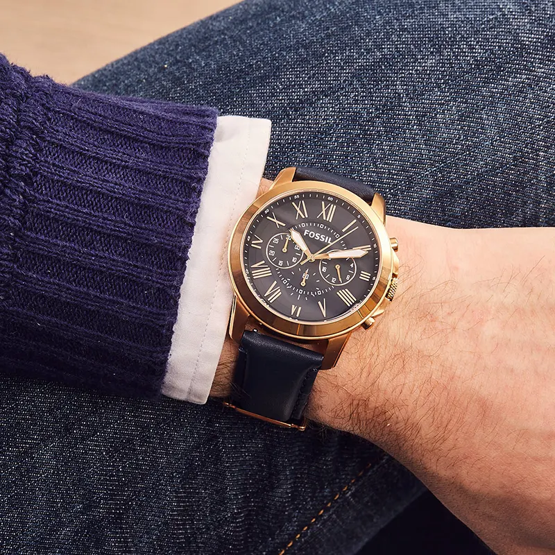 Fossil Grant Chronograph Navy Leather Men's Watch- FS4835